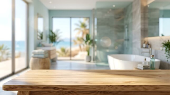 Empty Wooden Table in Modern Luxury Bathroom Background for Product Placement Mockup Display with Tropical Sea View
