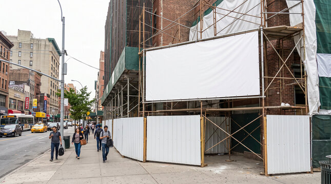 Una gran valla publicitaria blanca de vinilo en blanco cuelga frente a un andamio de construcci&oacute;n. El cartel est&aacute; sostenido por postes de metal sobre una acera de hormig&oacute;n.
