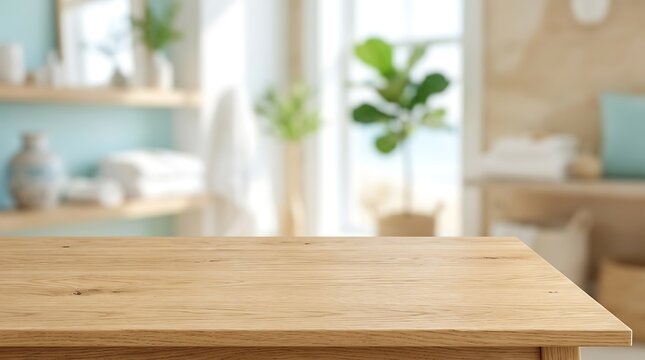 Empty wooden table product display in blurred bright bathroom interior for organic cosmetic mockup or website banner.