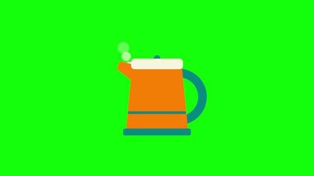2D flat style animation icon of an orange electric kettle or teapot with boiling water steam bubbles and white lid isolated on a bright green screen background for motion graphics.