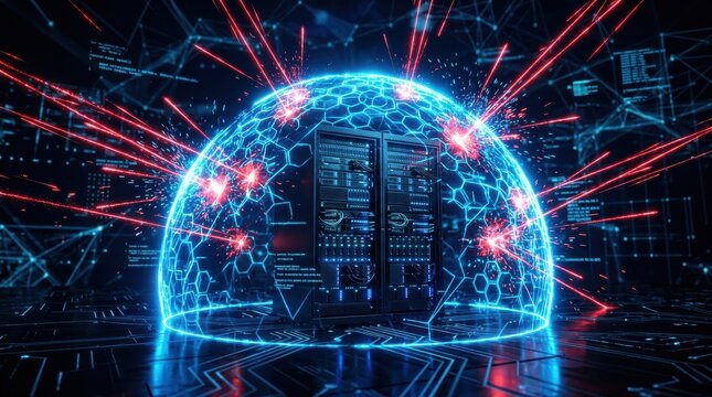 Data center server rack protected by glowing blue cyber security shield