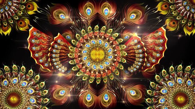 Golden Peacock Ornaments - Vibrant Golden Peacock Feather Mandala Animation Loop
