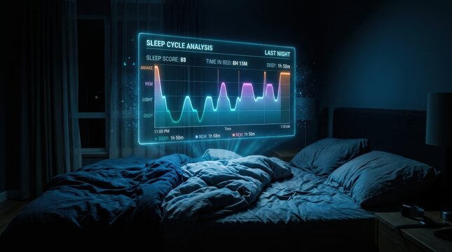 Futuristic Holographic Sleep Cycle Analysis Display in Dark Bedroom