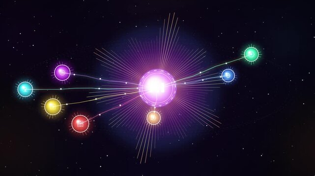 Glowing futuristic data network visualization with rotating digital nodes connecting to central star