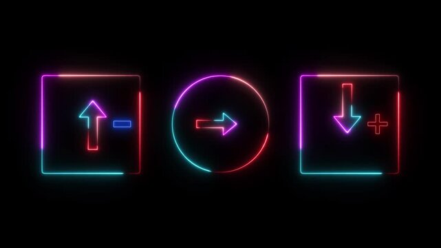 Glowing Neon Financial Transaction Icons with Transfer Income and Expense Arrows on Black Background