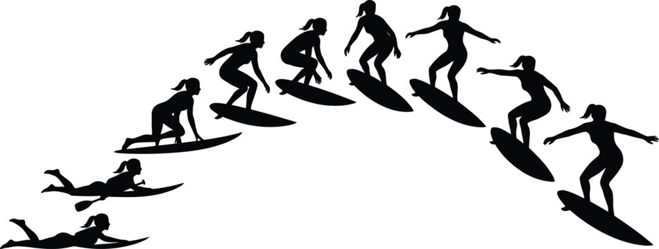 Set of black silhouettes illustrating a female surfer in a sequential movement progression from paddling to standing up on a surfboard