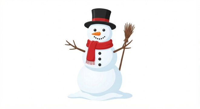 Cute cartoon snowman with top hat and red scarf on white background