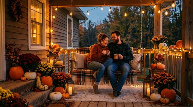 Man and woman embrace affectionately on a bench adorned with autumn leaves and pumpkins while enjoying a lit outdoor ambiance.