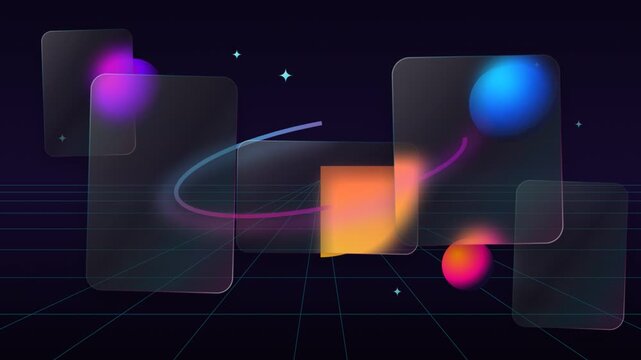 Abstract glassmorphism motion graphic with glowing neon spheres and cards