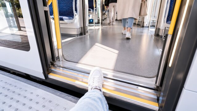 Passenger steps onto tram doorway with white sneaker, entering bright modern transit car. Urban commuter travels among standing riders, showing calm anticipation and clean electric mobility design.