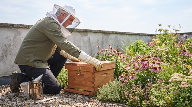 Beekeeper secures hive beside thriving rooftop flowers