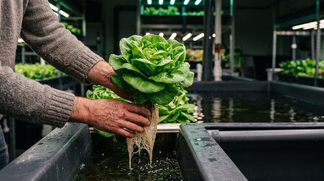 Hands lift lettuce from a recirculating grow bed