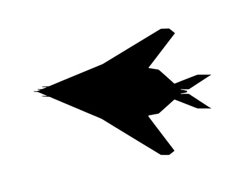 Black silhouette of a stealth fighter jet, resembling an F-117 Nighthawk - ideal for military history content, aviation blogs, defense industry presentations, and technology-themed graphics