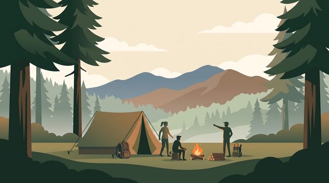 Family camping in nature with tent and campfire in a forest landscape with copy space for text