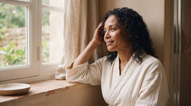 Damp curls frame a calm post-wash bathroom moment