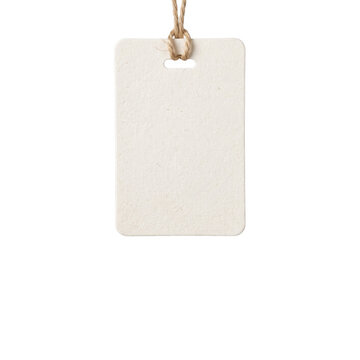 Blank kraft tag hanging from twine isolated on a white background