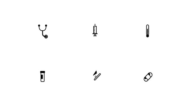 Minimalist Animated Medical Icons Set Featuring Stethoscope Syringe Thermometer and Test Tube