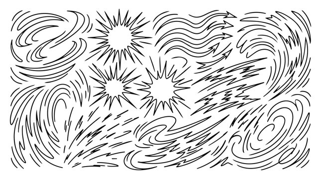 Premium hand-drawn Action Lines doodle collection featuring curved action strokes, impact lines, directional marks, fast motion accents, energetic dashes and comic-isolated on white background