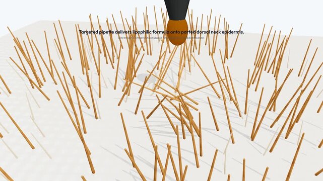 3D macro animation of canine spot-on flea and tick treatment, showing pipette application, lipophilic formula spreading via capillary forces, and paralyzing a tick upon tarsal contact