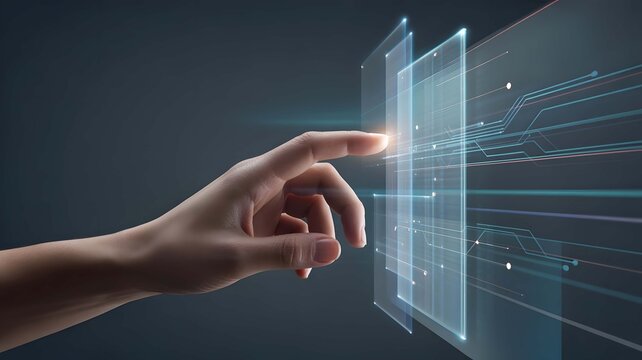 Human finger touching a transparent digital interface screen with glowing blue circuit board lines and data nodes on a dark background