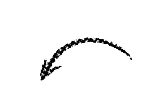 Curved halftone arrow pointing down left. Black dotted directional pointer illustration