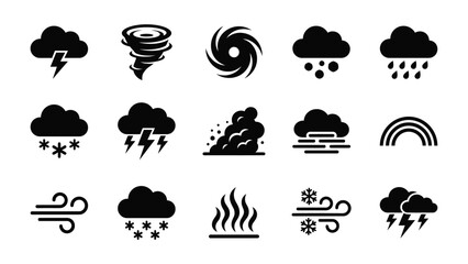 Obraz premium Weather Icons: A collection of stylized icons representing various weather phenomena, including clouds, lightning, rain, snow, wind, a tornado, and a rainbow.