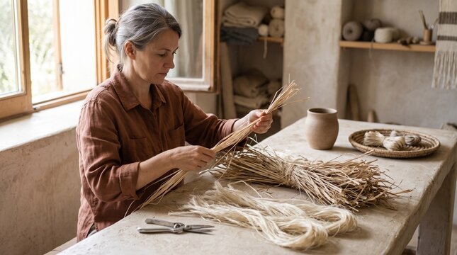 Fiber artist prepares raffia strands for hand weaving