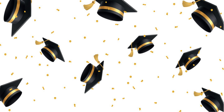 Seamless graduation pattern with floating mortarboard caps and golden confetti on white background vector illustration