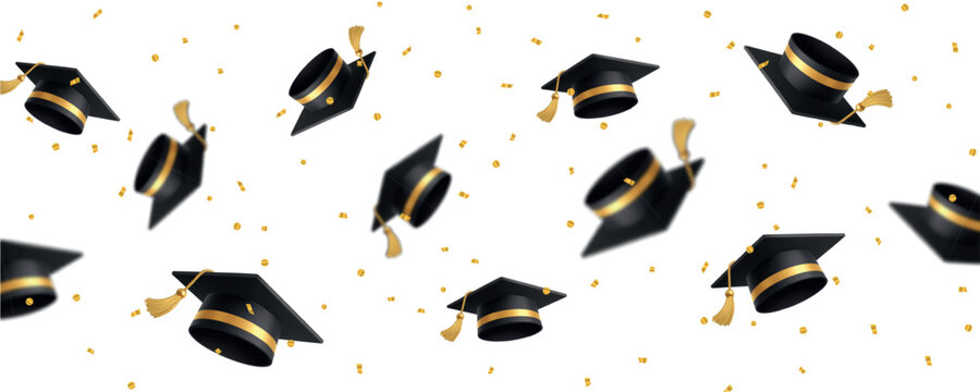 Seamless graduation pattern with floating mortarboard caps and golden confetti on white background vector design