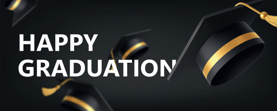 Happy graduation banner with large mortarboard cap, bold typography and dark background vector illustration for celebration