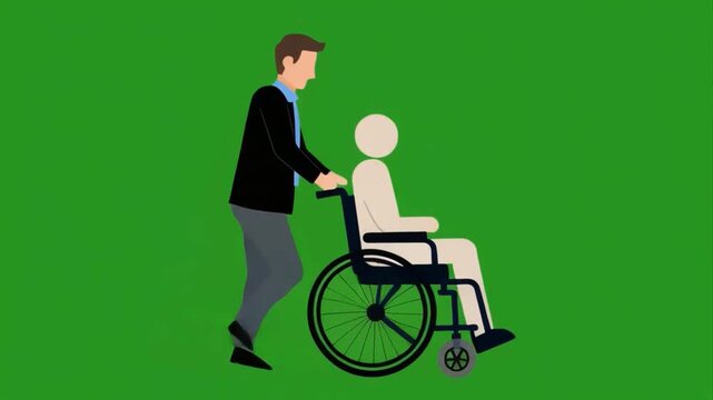 a man pushing wheelchair with a patient animation, isolated on green screen chroma key