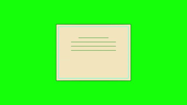 Professional 2D animation icon of a certificate document or graduation diploma featuring a seal and text lines isolated on a bright chroma key green background for video editing.