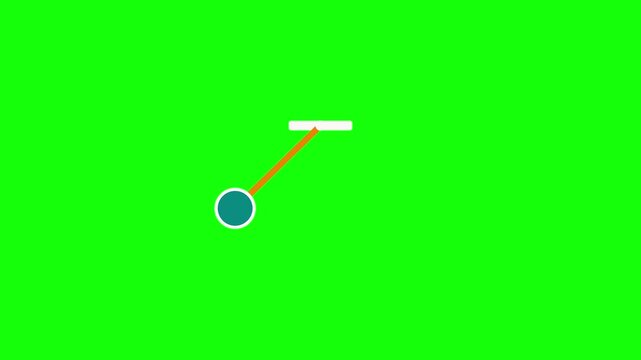 Minimalist 2D motion graphic animation icon of a swinging pendulum with an orange rod and teal weight, isolated on a bright chroma key green screen background for video editing.