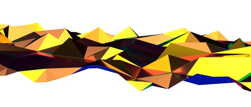 Dynamic polygonal landscape forms, abstract digital art, vibrant colors, and futuristic design.