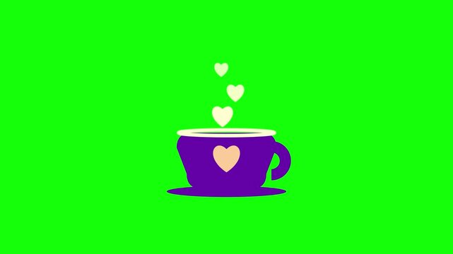 Animated purple coffee cup icon featuring a heart motif with three floating hearts rising like steam, isolated on a bright green screen background for video editing and design.
