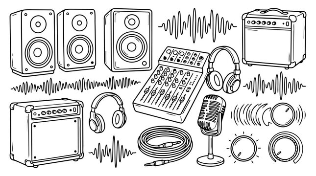 Hand drawn doodle vector collection of audio equipment featuring speakers, studio monitors, amplifier, audio mixer, headphones, microphone, audio cables, sound waves isolated on white background
