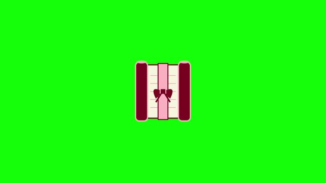 2D animation icon of a vintage scroll or open letter with a pink ribbon and bow, featuring horizontal lines on a bright green screen background for video editing and compositing