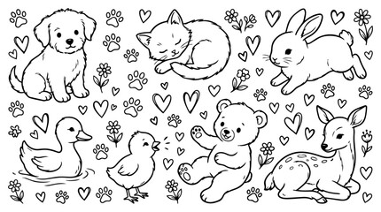 Premium hand drawn Baby Animals doodle collection featuring puppy, kitten, bunny, duckling, chick, bear cub, fawn, paw prints, hearts, flowers and cute woodland creatures isolated on white background © doodle shop