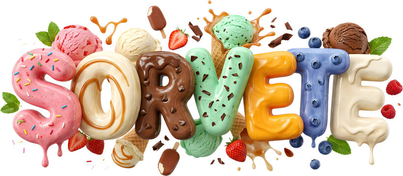 Ilustra&ccedil;&atilde;o 3D colorida de letras feitas com sorvete, frutas, chocolate e confeitos, criando composi&ccedil;&atilde;o divertida para publicidade, ver&atilde;o e campanhas de sobremesas