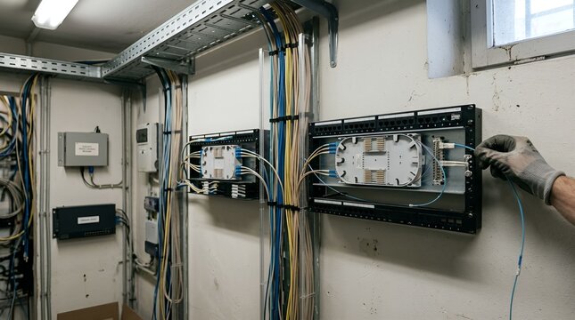 Technician Hands Connecting Optical Fiber Cables in Telecom Distribution Unit