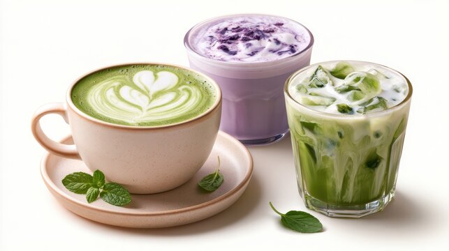 Ube and Matcha drink on white background,Iced Ube Latte,and matcha latte,PopularTrendy Purple Coffee Shop,plant based recipes,superfood,menu and banner,Healthy and wellness concept.
