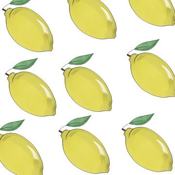 Pattern ou estampa de lim&otilde;es sicilianos pintados a m&atilde;o. Lim&atilde;o amarelo, com folhas verdes .