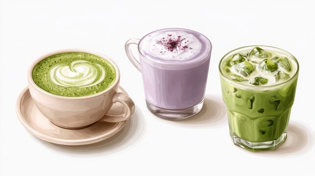 Ube and Matcha drink on white background,Iced Ube Latte,and matcha latte,PopularTrendy Purple Coffee Shop,plant based recipes,superfood,menu and banner,Healthy and wellness concept.