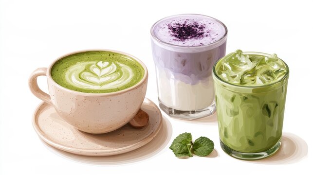 Ube and Matcha drink on white background,Iced Ube Latte,and matcha latte,PopularTrendy Purple Coffee Shop,plant based recipes,superfood,menu and banner,Healthy and wellness concept.