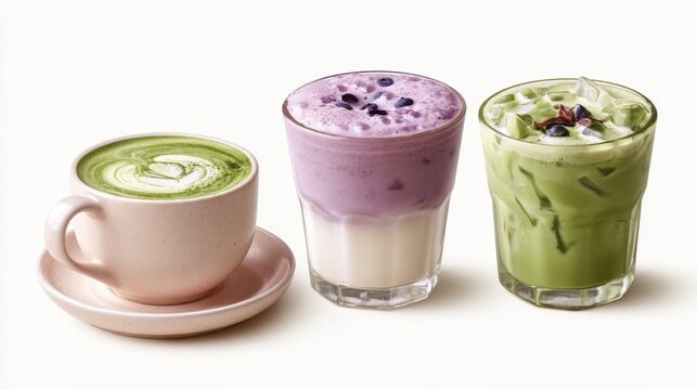 Ube and Matcha drink on white background,Iced Ube Latte,and matcha latte,PopularTrendy Purple Coffee Shop,plant based recipes,superfood,menu and banner,Healthy and wellness concept.