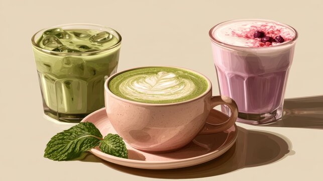 Ube and Matcha drink on white background,Iced Ube Latte,and matcha latte,PopularTrendy Purple Coffee Shop,plant based recipes,superfood,menu and banner,Healthy and wellness concept.