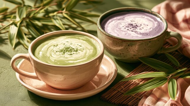 Ube and Matcha drink on white background,Iced Ube Latte,and matcha latte,PopularTrendy Purple Coffee Shop,plant based recipes,superfood,menu and banner,Healthy and wellness concept.