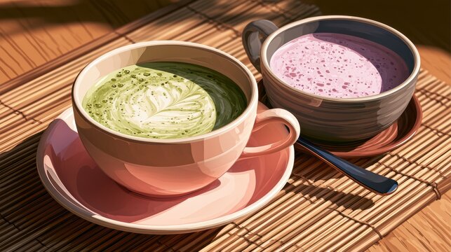 Ube and Matcha drink on white background,Iced Ube Latte,and matcha latte,PopularTrendy Purple Coffee Shop,plant based recipes,superfood,menu and banner,Healthy and wellness concept.