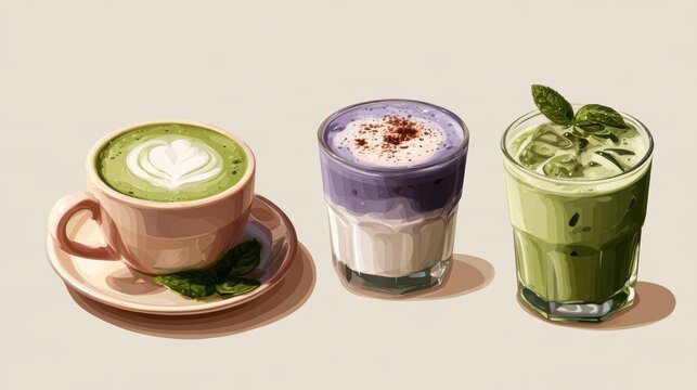 Ube and Matcha drink on white background,Iced Ube Latte,and matcha latte,PopularTrendy Purple Coffee Shop,plant based recipes,superfood,menu and banner,Healthy and wellness concept.