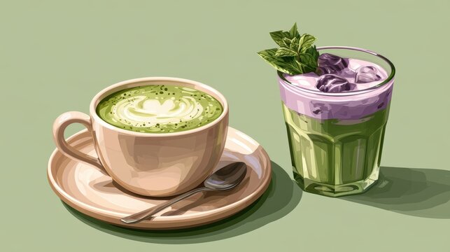 Ube and Matcha drink on white background,Iced Ube Latte,and matcha latte,PopularTrendy Purple Coffee Shop,plant based recipes,superfood,menu and banner,Healthy and wellness concept.